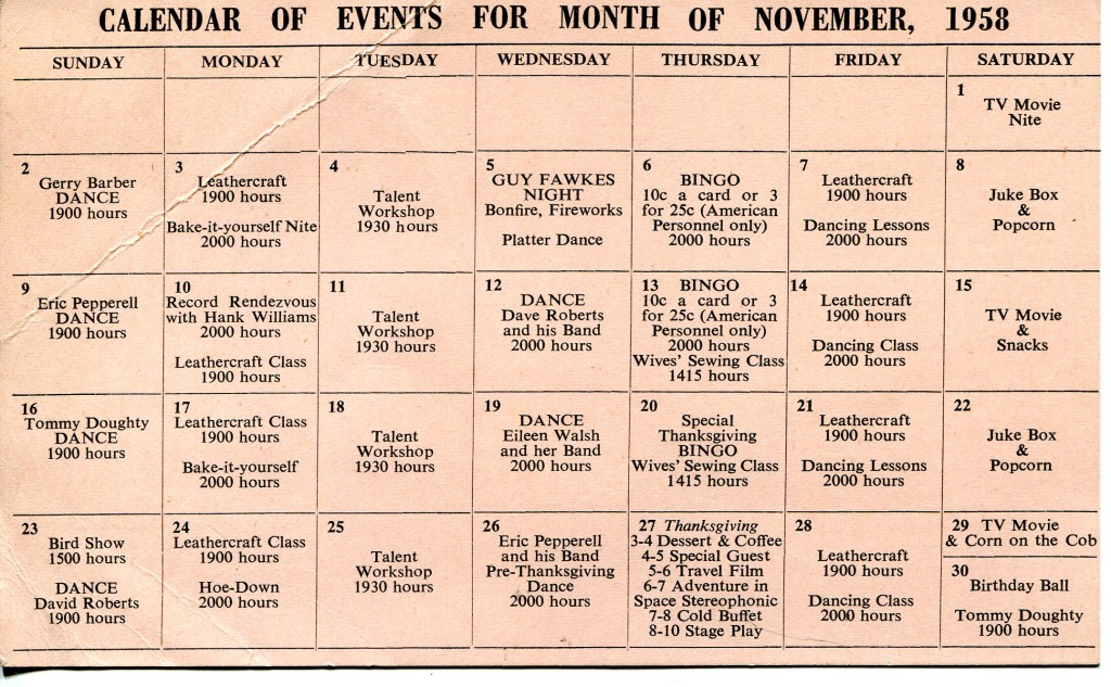 Skyline Club diary November 1958 back